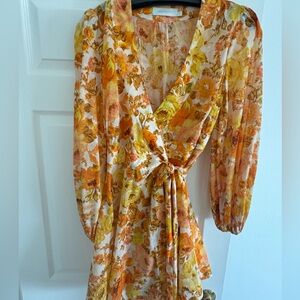 Zimmermann Raie Mini Wrap Dress in Yellow Orange Floral
